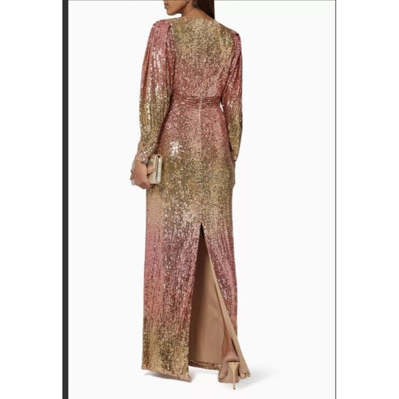 THEIA Adalee Ombre Sequined Puff-Sleeve Gown Dress Size 4 Womens Gold - Picture 7 of 9